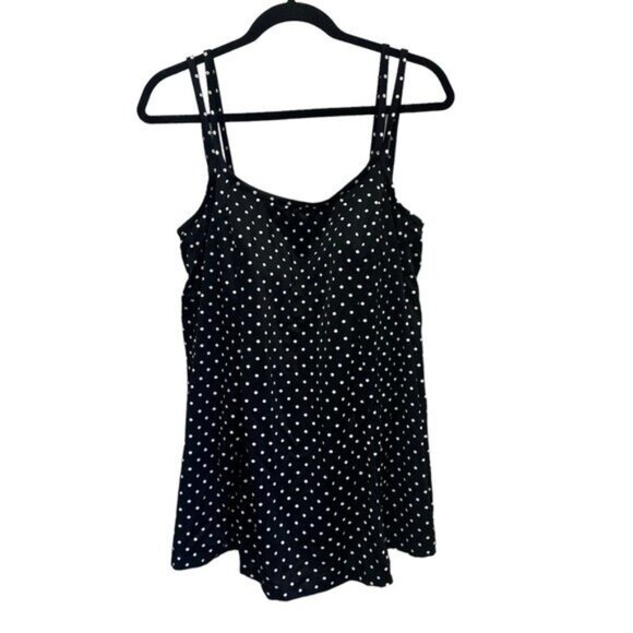 Vintage Longitude Women's 20W Swim Dress One Piece Polka Dot Black White Plus - Picture 1 of 7